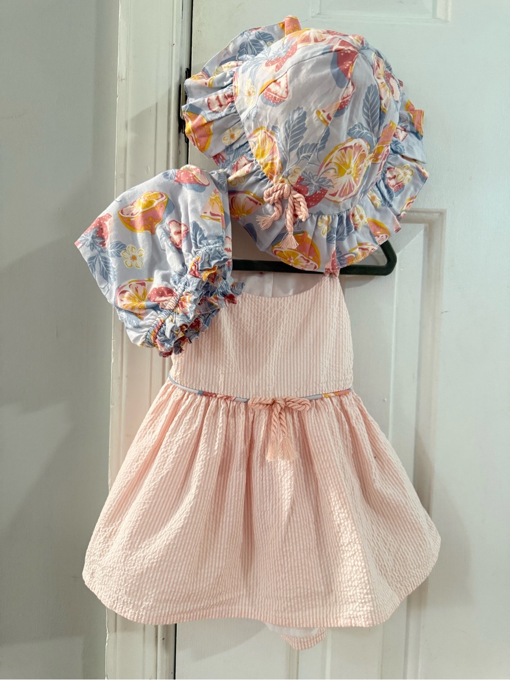 Tommy Bahama Pink Seersucker Dress and Bloomers with Floral Hat Set